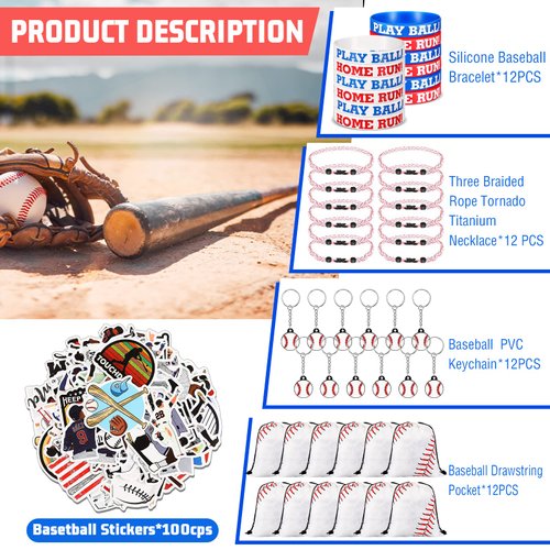 LEIFIDE 148 Pcs Baseball Party Favors Baseball Team Gifts Include Drawstring Bag, Silicone Wristbands, Keychain, Braided Rope Necklaces and Stickers Birthday Gifts for Baseball Players Lover