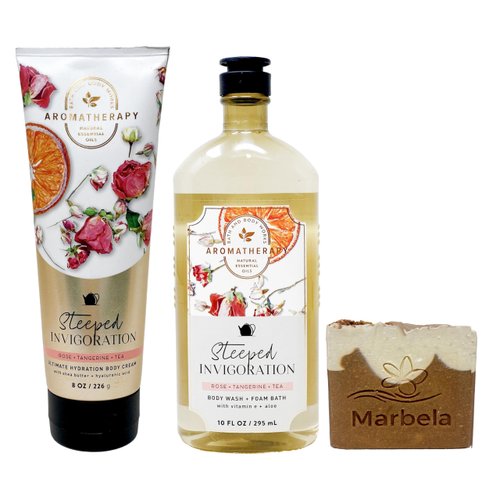 Bath & Body Works Aromatherapy Steeped Invigoration Rose, Tangerine, Tea - Duo Gift Set - Body Cream and Body Wash With a Yamma Jamma Bar Soap.