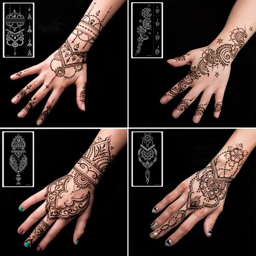 Henna Tattoo Stencils kit,Reusable Henna Stencils for Hand Forearm Glitter Airbrush DIY Tattooing Template, Indian Temporary Tattoo Stickers for Women Girls（8.2" x 4.7"）