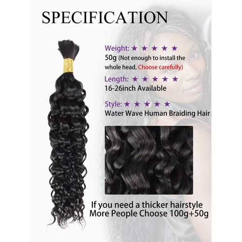 Human Braiding Hair Water Wave Bulk Human Hair for Braiding 1 Bundle 50g 18 Inch No Weft 10A Brazilian Virgin Curly Human Hair Extensions for Boho Braids Wet and Wavy Human Hair Braiding Hair