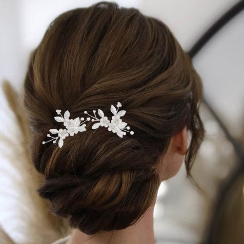 Brishow Bride Pearl Wedding Hair Pins Silver Leaf Hair Accessories Rhinestone Hair Pieces for Women and Girls (Pack of 2)
