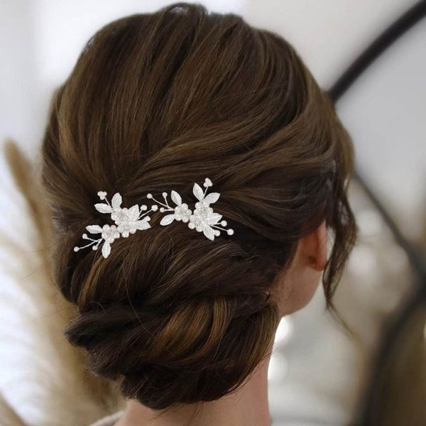 Brishow Bride Pearl Wedding Hair Pins Silver Leaf Hair Accessories Rhinestone Hair Pieces for Women and Girls (Pack of 2)