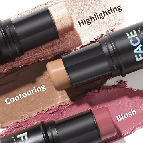 3PCS Cream Contour Stick Kit,Matte Waterproof Blush Highlighter Bronzer Contour Stick with Brush,Non-greasy Creamy Travel Size Contouring Stick Makeup Set for Face,Suitable for All Skin Types