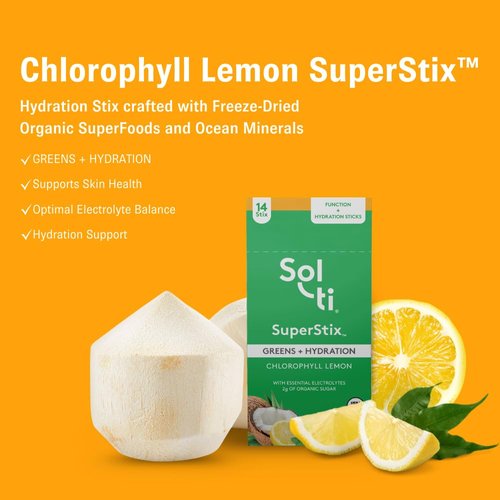 Sol-ti Organic Electrolyte Greens + Hydration Drink Mix, Superfood Hydration Sticks, SuperStix, Non-GMO, Vegan, Chlorophyl Lemon, 14 Sticks