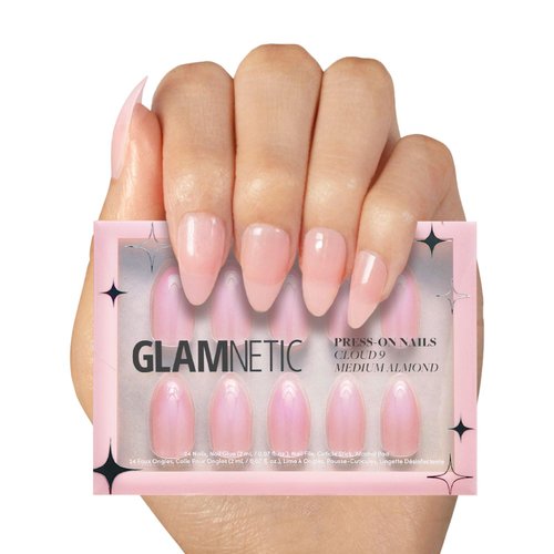 Glamnetic Press On Nails - Cloud 9 | Jelly UV Finish Medium Pointed Almond Shape, Reusable Pink Nail Kit in 15 Sizes, Semi-Transparent - 30 Nail Kit with Glue