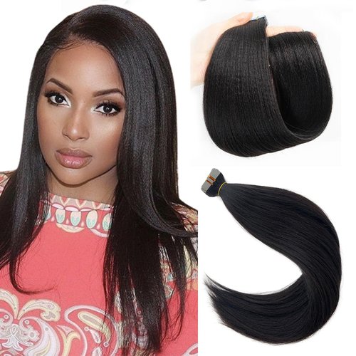 Licoville Hair Yaki Straight Tape in Hair Extensions Human Hair Black 14 Inch Real Human Hair Yaki Tape ins for Black Women #1B Natural Black Seamless Invisible Tape in Remy Hair Extension 50g 20pcs