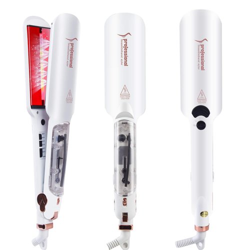 DORISILK Professional 2 Tourmaline Ceramic Flat Iron - Steam and Infrared Heat for Straightening, Curling, Dual Voltage Control (White)