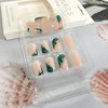 Nude Press on Nails Medium Coffin Fake Nails Green French Tip False Nails With Gold Foil Designs Full Cover Stick on Nails Square Acrylic Artificial Nails Stick on Nails for Women Girls 24Pcs