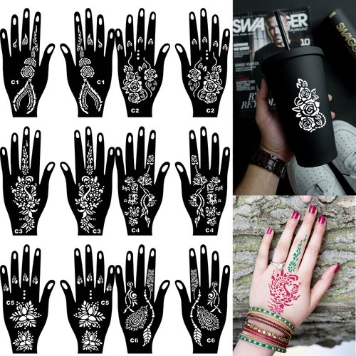 Henna Tattoo kit,Reusable Henna Stencils for Hand Forearm Glitter Airbrush DIY Hand Tattoo Stencil,Indian Temporary Tattoo Stickers for Women Girls