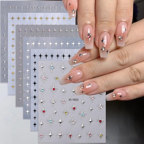 Star Nail Stickers for Nail Art 3D Glitter Starlight Self-Adhesive Nail Design Decals 6Pcs Laser Gold Silver Black White Stars Nail Art Stickers with Rhinestones Star Stickers for Manicure Supplies