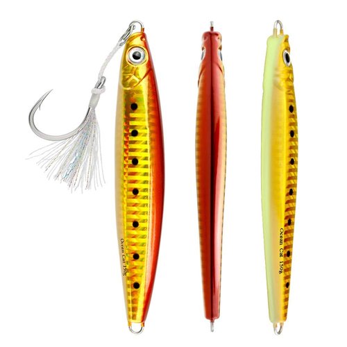 OCEAN CAT 1 PC Slow Fall Pitch Lead Metal Flat Fishing Jigs Lures Sinking Vertical Jigging Bait with Circle Hook for Saltwater Fishing (Red&Gold, 220g)