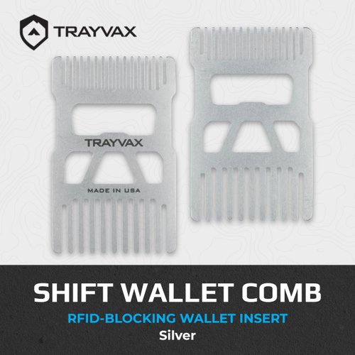 Trayvax Shift Wallet Comb, Wide Tooth Comb for Beard and Hair with Bottle Opener, RFID Protection, Stainless Steel, Silver