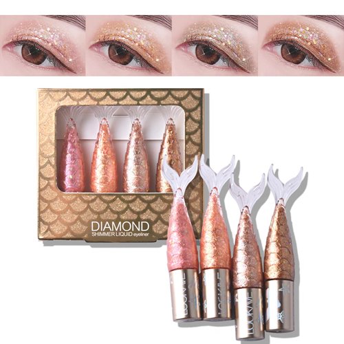 Glitter Eyeliner Liquid Set, 4 Colors Metallic Sequin Pink Eyeliner ＆ Eyeshadow Liquid, Diamond Eye Liner Liquid, Long Lasting Waterproof Eyeshadow Liquid, Shimmer Eye Make Up for Women's Gifts (B)