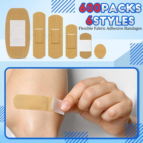 600 Pieces Assorted Bandages, Flexible Fabric Adhesive Bandages Family Variety Pack, Small Comfortable Fingertip Bandages Bulk for Wound, Various Sizes Spot Bandage, Round Cloth Bandages for Aids