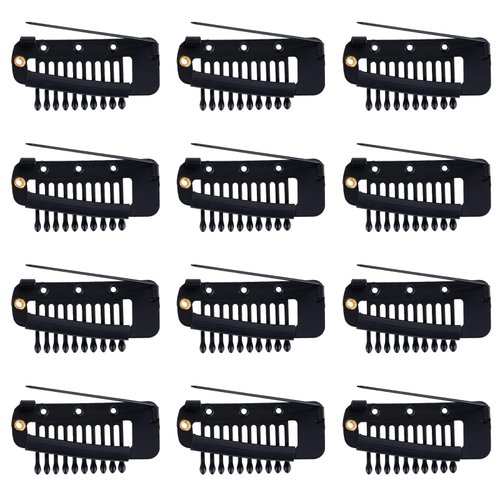 12pcs Wig Clip with Safety Pins, 10-Teeth Hair Extension Snap Clips Invisible Strong Wig Combs to Secure Wig No Sew Chunni Grip Dupatta Clips for Girls Women Wig Headscarf Hijab & Tikka(Black)