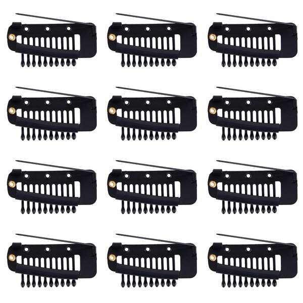 12pcs Wig Clip with Safety Pins, 10-Teeth Hair Extension Snap Clips Invisible Strong Wig Combs to Secure Wig No Sew Chunni Grip Dupatta Clips for Girls Women Wig Headscarf Hijab & Tikka(Black)