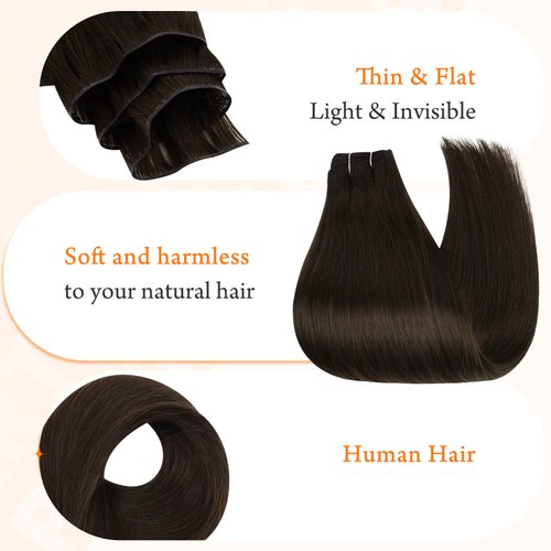 Full Shine Genius Weft Human Hair Extensions For Natural Look 18 Inch 80G Hand Tied Hair Extensions Sew In Remy Straight Hair Weft Extensions Color Dark Brown Hair Extensions For Women