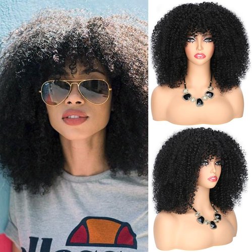 Mtmei hair Short Afro Curly Wig with Bangs Natural Curly Wigs 16Inch 290G Nature Black Hair Arukihair Wig Kinky Curly Wigs Synthetic Hair for Women(16Inch，#1B(Nature Black))