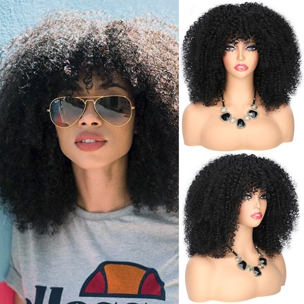 Mtmei hair Short Afro Curly Wig with Bangs Natural Curly Wigs 16Inch 290G Nature Black Hair Arukihair Wig Kinky Curly Wigs Synthetic Hair for Women(16Inch，#1B(Nature Black))