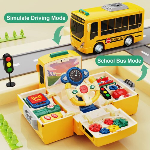 HONGTUO School Bus Toy with Sound and Light, Simulation Steering Wheel Gear Toy, Toddlers School Bus Toys with Music Education Knowledge Simulation Driving Bus Toys, Gift for 1-3-5 Boys & Girls