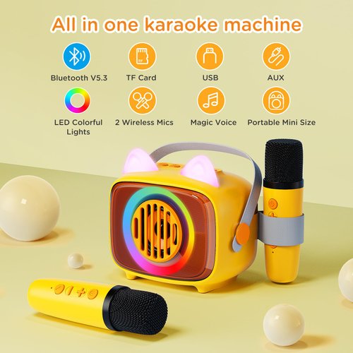 Mini Karaoke Machine for Kids, Portable Bluetooth Speaker with 2 Wireless Microphones, Toys Gift for Girls and Boys Birthday Party Gifts for Toddlers Teen 4, 5, 6, 7, 8, 9, 10+ Year Old