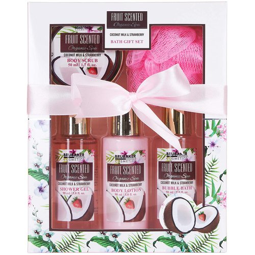 BRUBAKER Cosmetics Bath and Shower Set - Coconut and Strawberry Scent - 5 Pcs Spa Gift Set for Women - Skin Care Gift Box for Wife Girlfriend or Best Friend