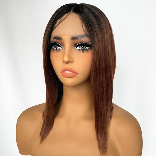 SOKU Ombre Brown Lace Front Wigs 12 Inch Synthetic Bob Wigs with Baby Hair Short Straight Lace Front Wigs Pre Plucked Heat Resistant Fiber Hair for Women