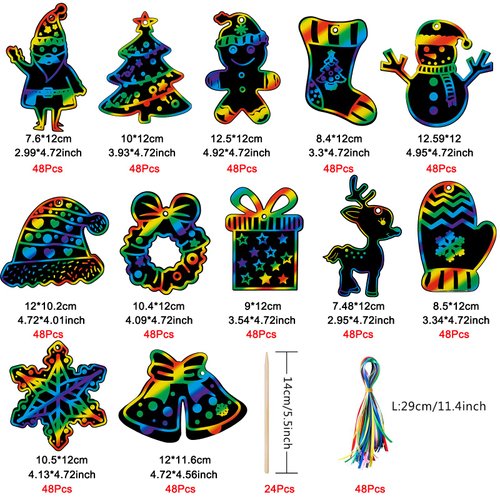 GOMANCHE 48 Pieces Christmas Scratch Art for Kids, DIY Rainbow Scratch Paper Magic Art Crafts Bulk, Christmas Hanging Ornaments for Kids Party Favors