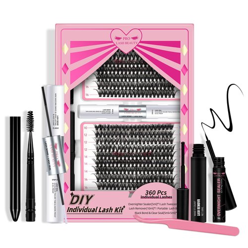 DIY Lash Extension Kit Lash Clusters Kit with 360 Pcs Individual Lashes Lash Bond and Seal Overnighter Sealer Lash Remover Eyelash Applicator Lash Brush for Beginner(40D-D-10-16mix Kit)