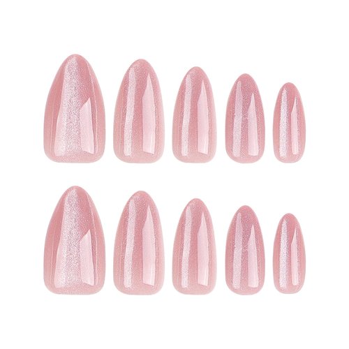Cat Eye Press on Nails Medium Almond Acrylic Nails Pink Glossy Fake Nails Nude Full Cover Glue on Nails Cute Nature Stick on Nails Shiny Glitter False Nails for Women Manicure 24Pcs
