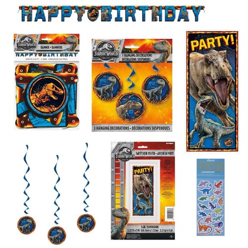 Jurassic World Birthday Party Supplies Decoration Bundle includes Happy Birthday Banner, Swirl Hanging Decorations, Door Poster, 1 Dinosaur Sticker Sheet