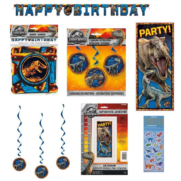 Jurassic World Birthday Party Supplies Decoration Bundle includes Happy Birthday Banner, Swirl Hanging Decorations, Door Poster, 1 Dinosaur Sticker Sheet