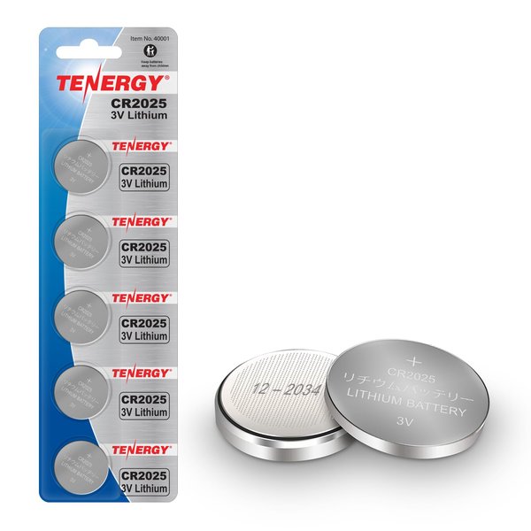 Tenergy 3V CR2025 Batteries, Lithium Button Coin Cell 2025 Battery, Ideal for Key FOBs, calculators, Coin counters, Watches, Heart Rate Monitors, Glucometer, and More, 5 Pack