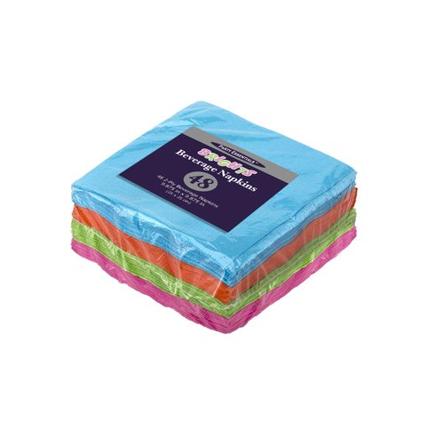 Party Essentials 2-Ply Paper Cocktail Beverage Napkins, Assorted Neon Brights, 48-Count