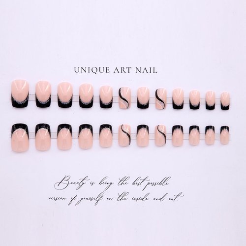 24 PCS Pink Press on Nails French Medium Length Fake Nails Square Shaped False Nails Silver Line Black Glitter Stripe Design Full Cover Artificial Glue on Nails Set for Women Girls DIY Manicure