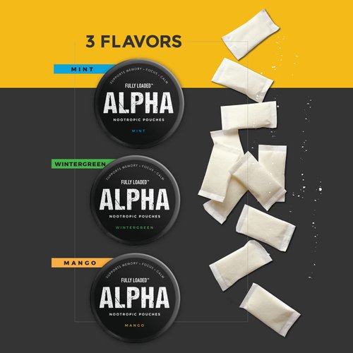 Fully Loaded Alpha Nootropic Pouches (Mango) - 5 Cans - 15 Pouches per can -Effective Nootropic Delivery, Nic Pouch Replacement - Faster Absorption, Alpha GPC, L-Tyrosine, GABA