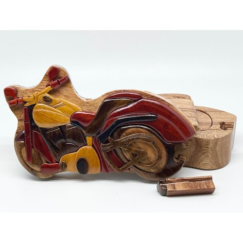 Motorcycle Wooden Puzzle Box - Hand Carved Wood Trinket Box - All Natural Intarsia Wood Art
