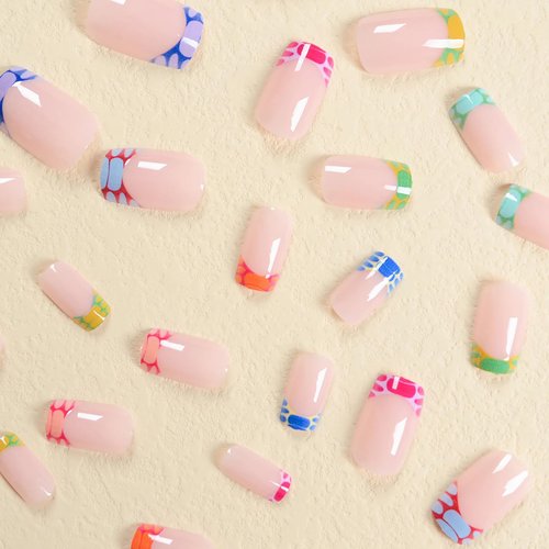 MISUD Press on Nails Short Square Fake Nails Colorful French Tip Acrylic Nails Glossy Glue on Nails Summer Squoval Artificial Nails Rainbow Edge Stick on False Nails with Design 24 pcs