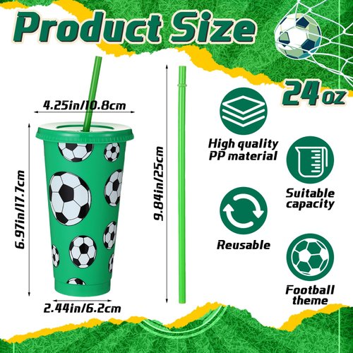 Nuogo 12 Pcs Party Plastic Cups Bulk 24 oz Plastic Tumbler with Lid and Straw Reusable Cups for Boyfriend Fan Sports Birthday Party Favors (Soccer)