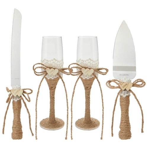 Juvale 4 Piece Rustic-Style Wedding Cake Knife and Server Set with Champagne Glasses for Bride and Groom, Farmhouse Theme Reception, Country Decorations