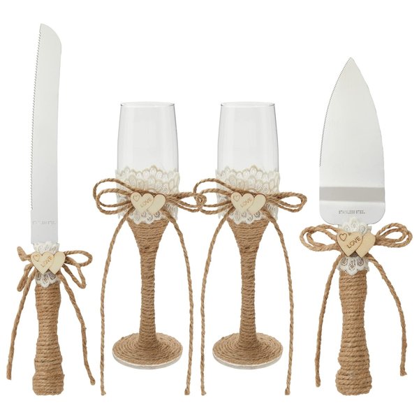 Juvale 4 Piece Rustic-Style Wedding Cake Knife and Server Set with Champagne Glasses for Bride and Groom, Farmhouse Theme Reception, Country Decorations