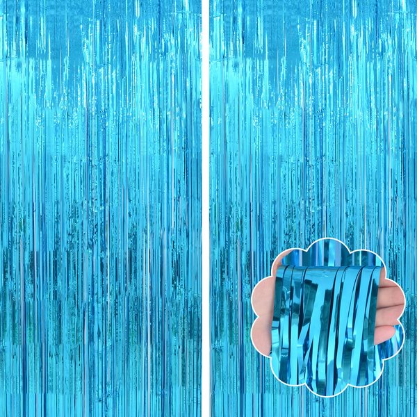 YUKL Blue Backdrop Curtain Door Streamers 2Pack Blue Streamers Party Decorations Blue Foil Fringe Curtain Blue Tinsel Fringe Backdrop for Bluey Birthday Decorations Stitch Birthday Decorations