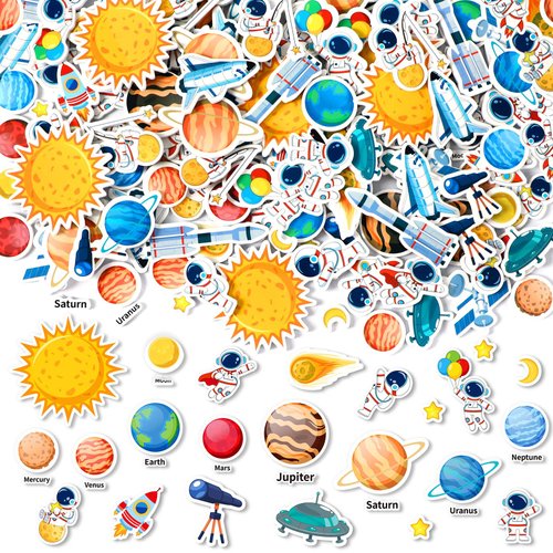 JULBEAR Spaces Foam Sticker for Kids Crafts, 300Pcs Bulk Colorful Planet Astronaut Rocket Self-Adhesive Foam Stickers for Kids Birthday Party DIY Crafts Favor Scrapbooks Decorations Supplies