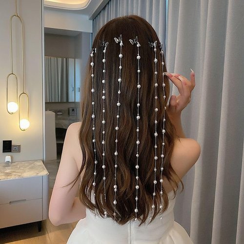E EMZHOLE 2Pcs Hair Jewelry for Braids Butterfly Pearl Hair Chains with Clips Punk Tassel Hair Clips Hair Charms Accessories for Women Girls Disco Hairstyle Decoration Nightclub Party (2)