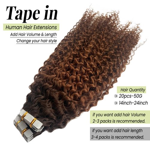 Remy Tape in Extensions Curly Human Hair Extensions 20 Pieces 50 Gram for Women, Jerry Curly Tape in Human Hair Extensions Real Human Hair Brown to Medium Auburn Tape on Extensions 24 Inch