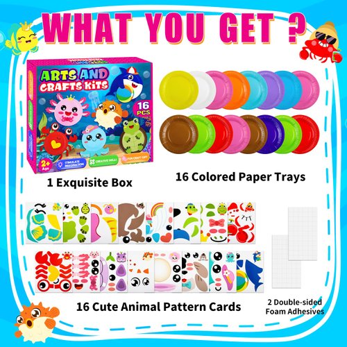 16 Pack Arts and Crafts for Kids, Toddler Crafts Ocean Animal Paper Plate Art Kit Gift for 3 4 5 6 Year Old Boys Girls DIY Crafts for Birthday Party Favor Preschool Classroom Christmas Party Games ﻿