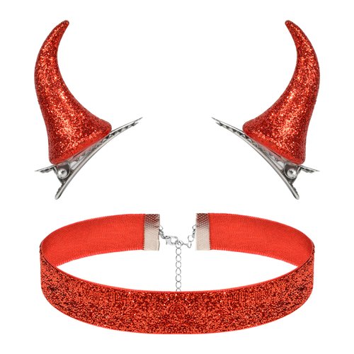 Devil Horns Hair Clip with Collar Necklace Set, Clip on Red Devil Horn Clips Hairpin Barrettes for Men Women Adult, Halloween Devil Horns Costume Accessories Cosplay Headwear