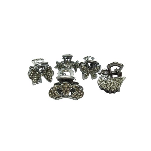 Small dark silver metal hair claw clip with crystals stocking stuffer gifts (Pattern: Swan)