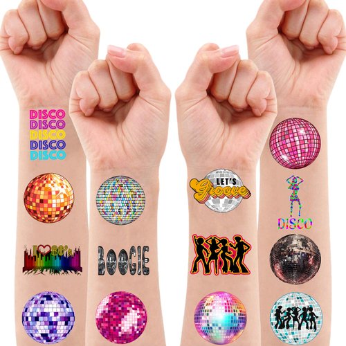 100 PCS 70s Disco Ball Temporary Tattoos Themed Birthday Party Decorations Supplies Decor Favors Boogie Dance Groovy 1970s Retro Tattoo Stickers Gifts for Game Boys Girls Class School Prizes Carnival