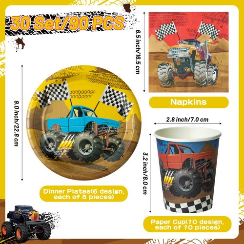 K1tpde Monster Truck Party Tableware - 90PCS Monster Truck Theme Party Paper Plates Set Checkered Flag Monster Truck Birthday Decorations Monster Plates Disposable Paper Cup Napkins Party Supplies
